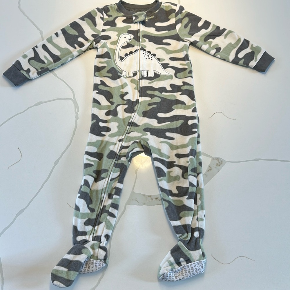 Carter’s footie pajamas white brown green camo dinosaur size 2T